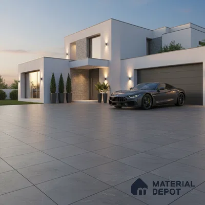 Modern parking with large format grey matte floor tiles and stone cladding accent wall