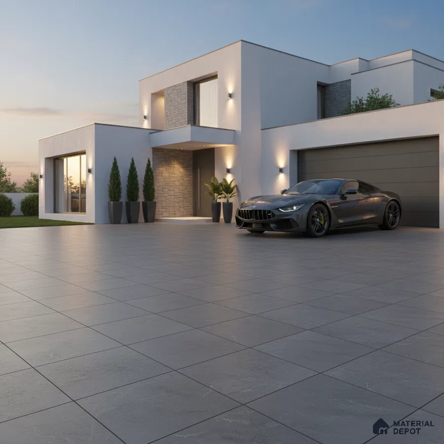 Modern parking with large format grey matte floor tiles and stone cladding accent wall
