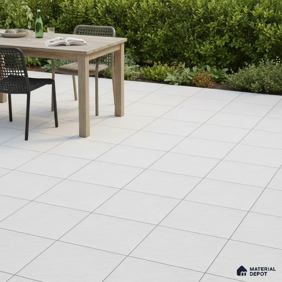 Minimalist outdoor patio with white stone-look floor tiles and natural wood dining table