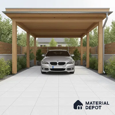 Modern parking with wooden pergola and white matte floor tiles