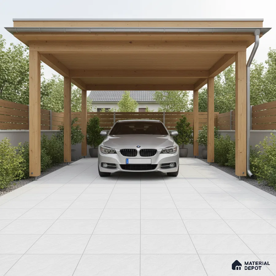 Modern parking with wooden pergola and white matte floor tiles