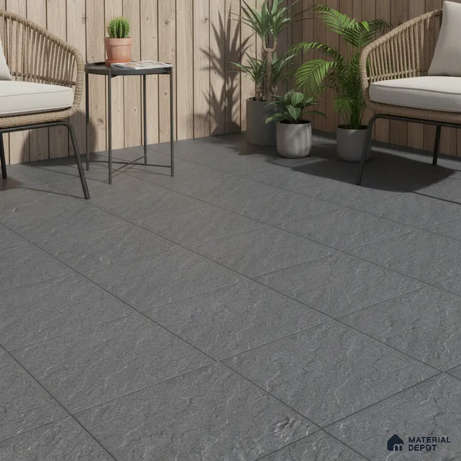 Scandinavian balcony with grey stone floor tiles and light wood vertical wall panels