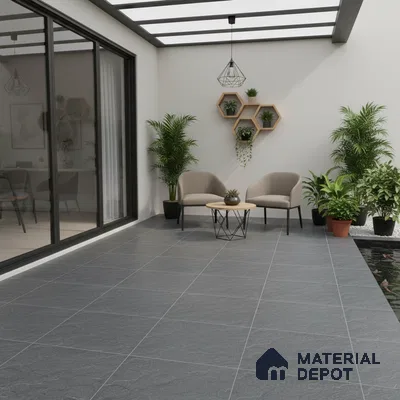 Modern outdoor seating with grey stone floor tiles and geometric wall shelves