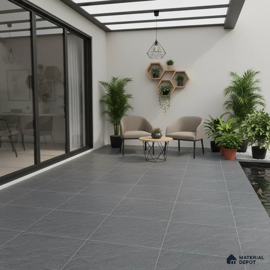 Modern outdoor seating with grey stone floor tiles and geometric wall shelves