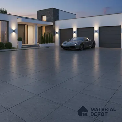 Modern parking with large format grey stone tiles and minimalist facade
