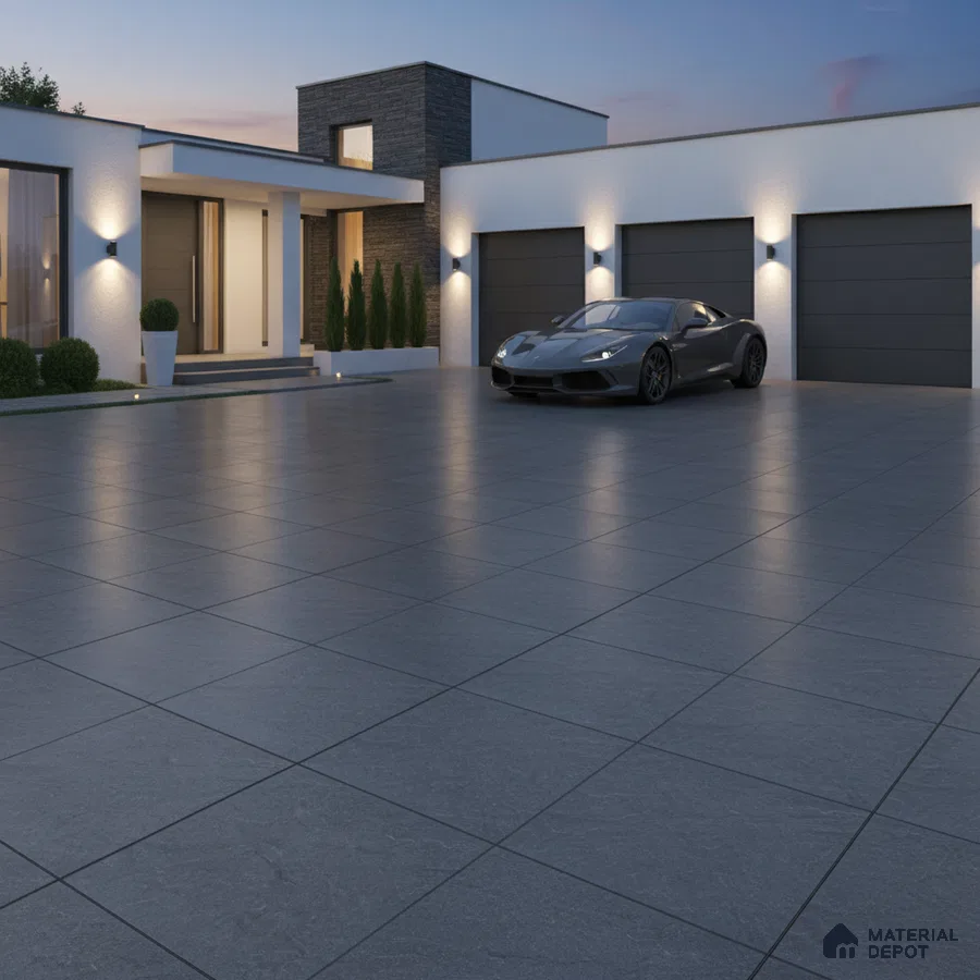Modern parking with large format grey stone tiles and minimalist facade