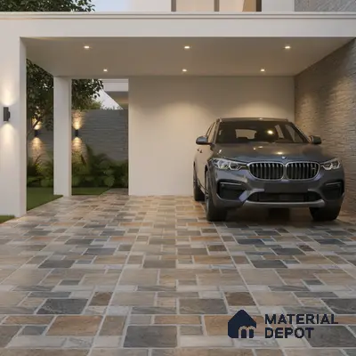 Modern parking with multicolor stone-look floor tiles and textured grey wall cladding