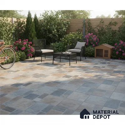 Modern outdoor patio with multitone stone-look floor tiles and black wicker furniture