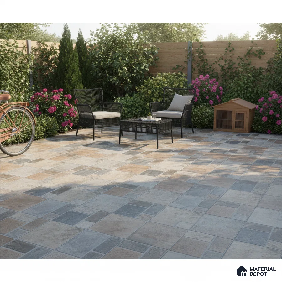 Modern outdoor patio with multitone stone-look floor tiles and black wicker furniture