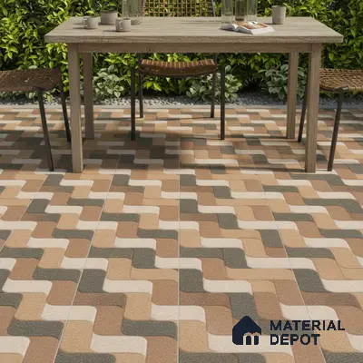 Modern outdoor space with geometric patterned terracotta and beige floor tiles