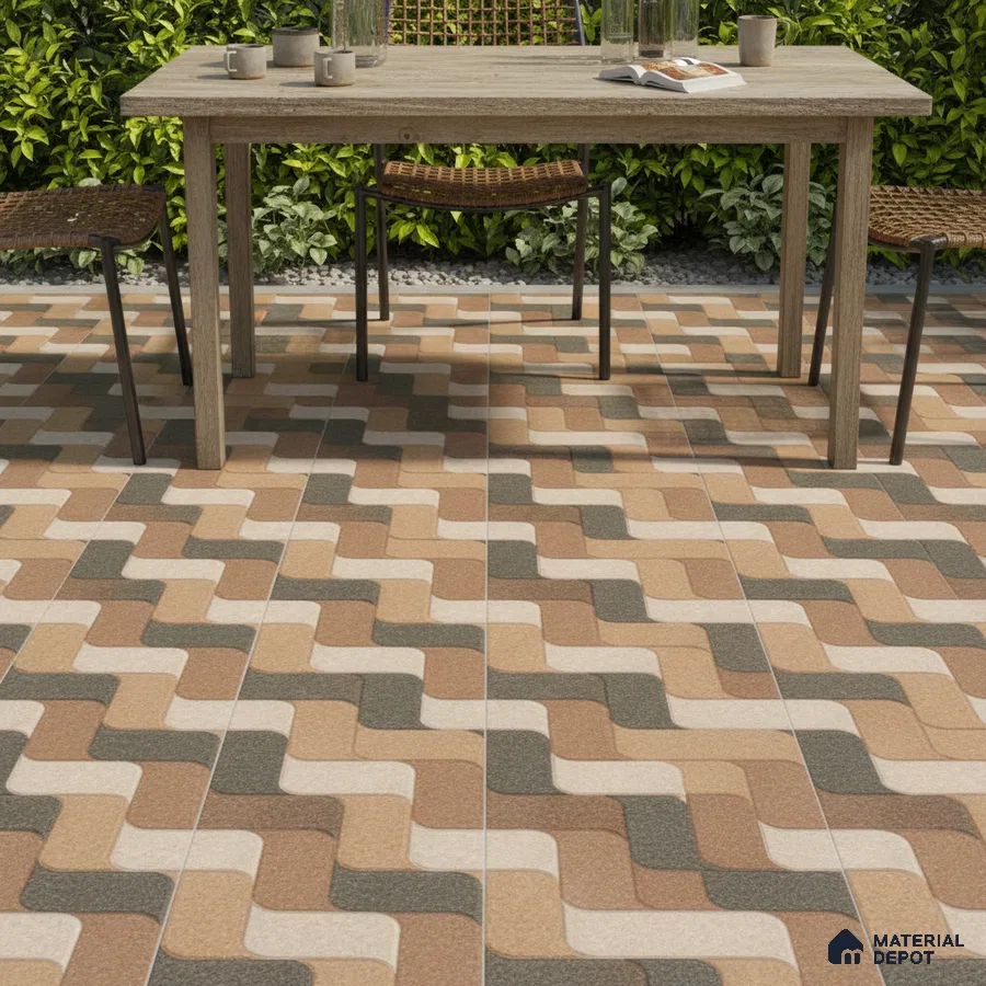Modern outdoor space with geometric patterned terracotta and beige floor tiles
