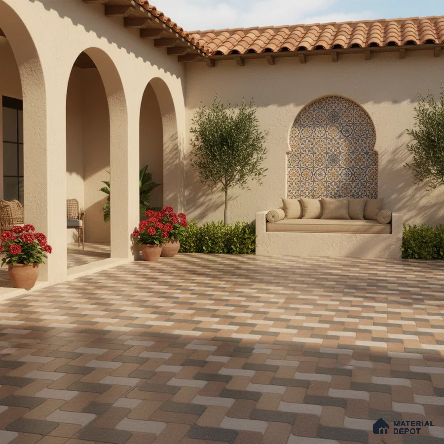 Mediterranean outdoor courtyard with terracotta roof, patterned mosaic wall tile, and multicolor geometric floor tiles
