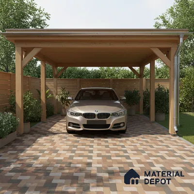 Modern parking with wooden carport and multicolor interlocking paver tiles