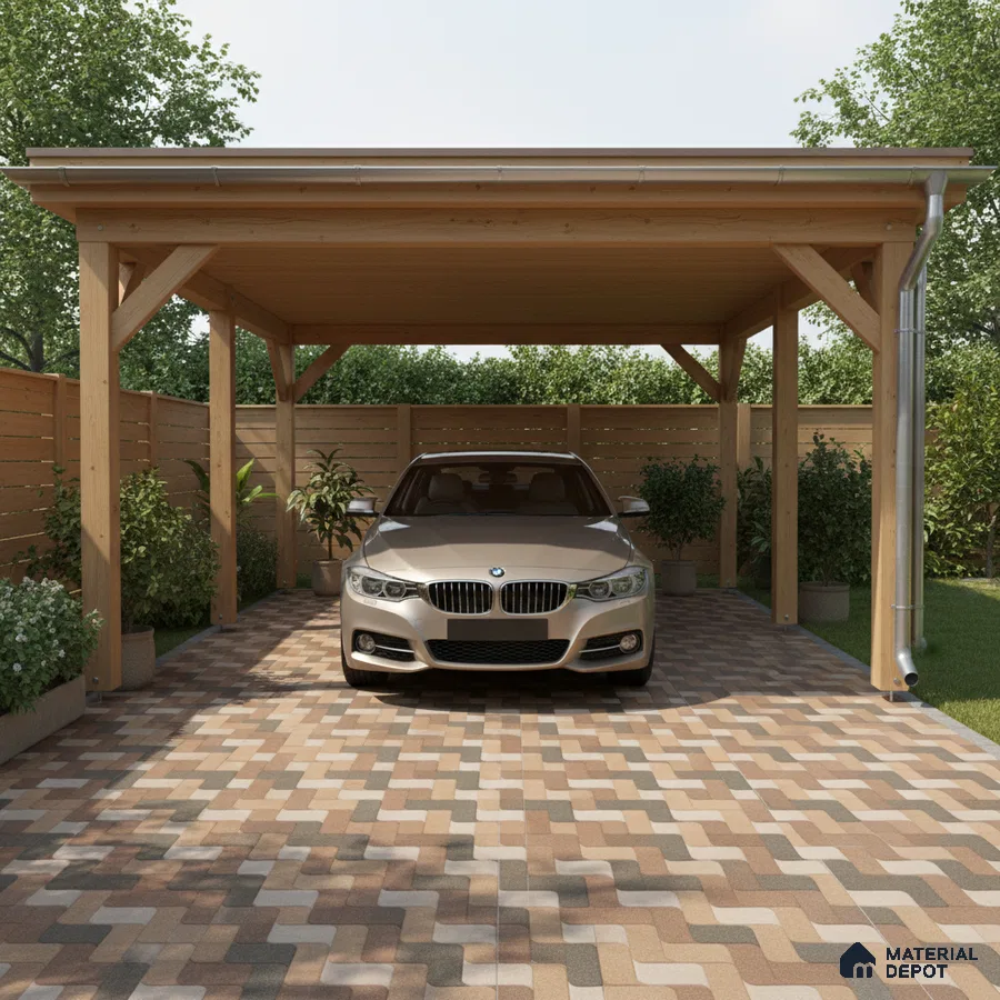 Modern parking with wooden carport and multicolor interlocking paver tiles