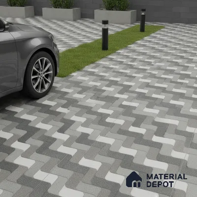 Modern parking area with grey and white zigzag outdoor floor tiles