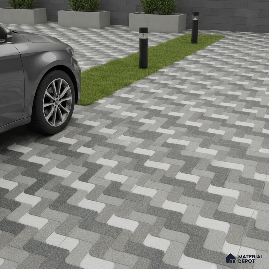 Modern parking area with grey and white zigzag outdoor floor tiles