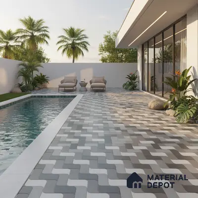 Modern outdoor poolside with geometric grey and white interlocking floor tiles