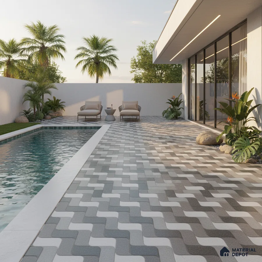 Modern outdoor poolside with geometric grey and white interlocking floor tiles