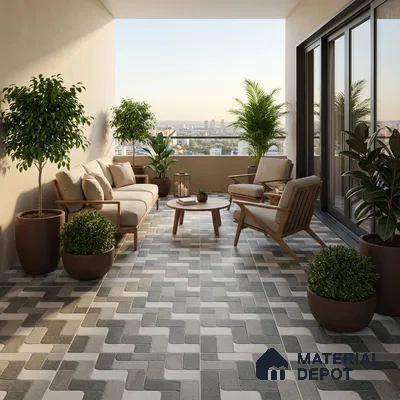 Scandinavian balcony with patterned grey and white floor tiles and wooden outdoor furniture