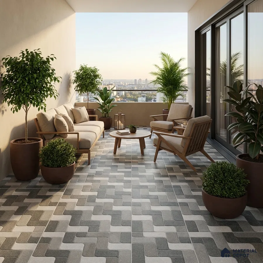 Scandinavian balcony with patterned grey and white floor tiles and wooden outdoor furniture