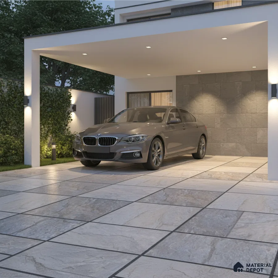 Modern parking with large format stone-look floor tiles and textured stone wall cladding