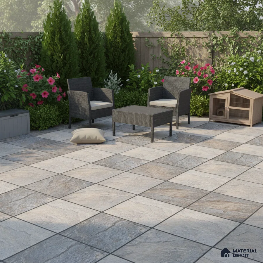 Modern outdoor patio with stone-look floor tiles and rattan furniture