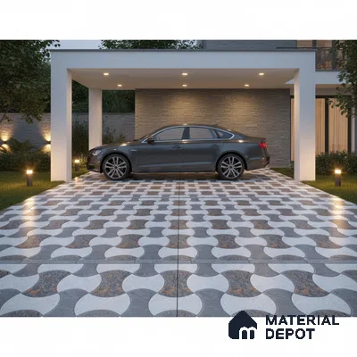 Modern parking with geometric patterned outdoor floor tiles and stone cladding wall