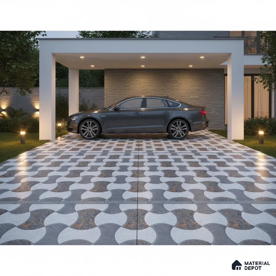Modern parking with geometric patterned outdoor floor tiles and stone cladding wall