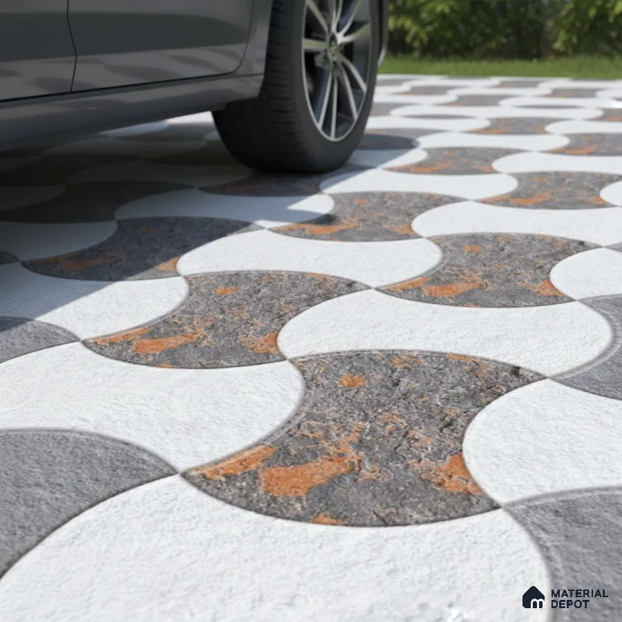 Modern parking with geometric interlocking stone tiles in white and rust grey