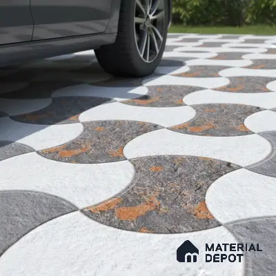 Modern parking with geometric interlocking stone tiles in white and rust grey