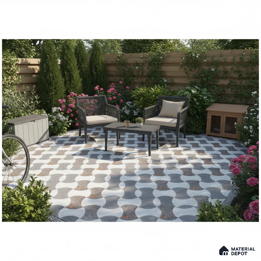 Modern outdoor patio with geometric patterned floor tiles and wooden fencing