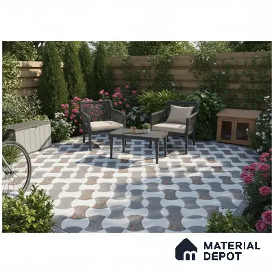 Modern outdoor patio with geometric patterned floor tiles and wooden fencing