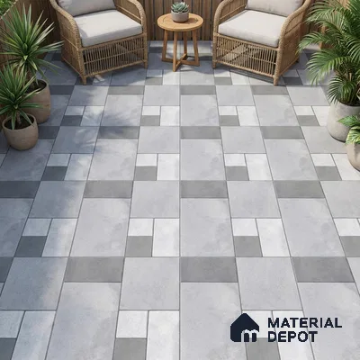 Modern outdoor seating with grey geometric floor tiles and wicker furniture