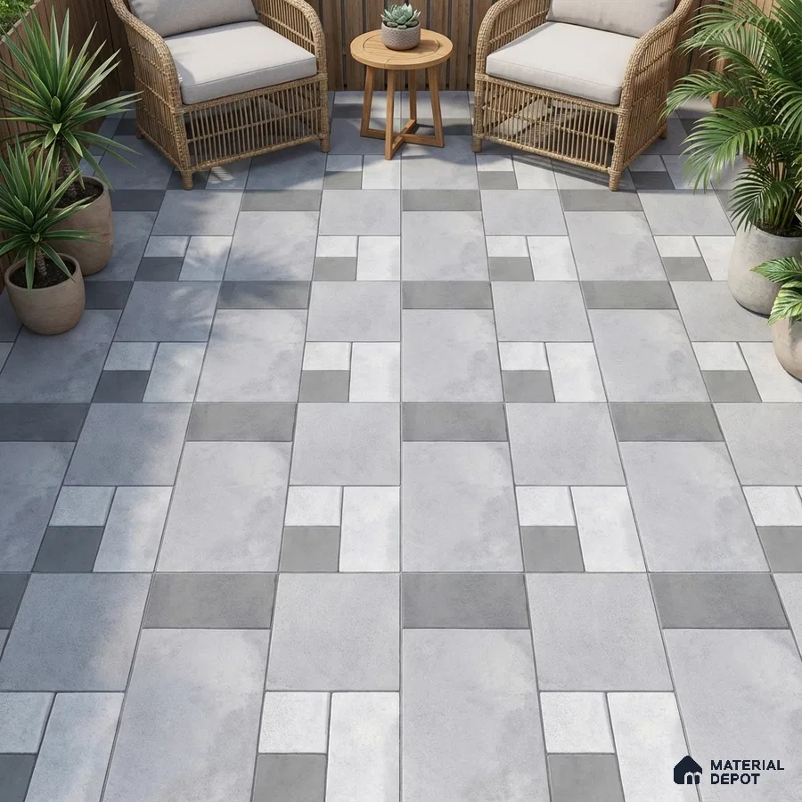 Modern outdoor seating with grey geometric floor tiles and wicker furniture