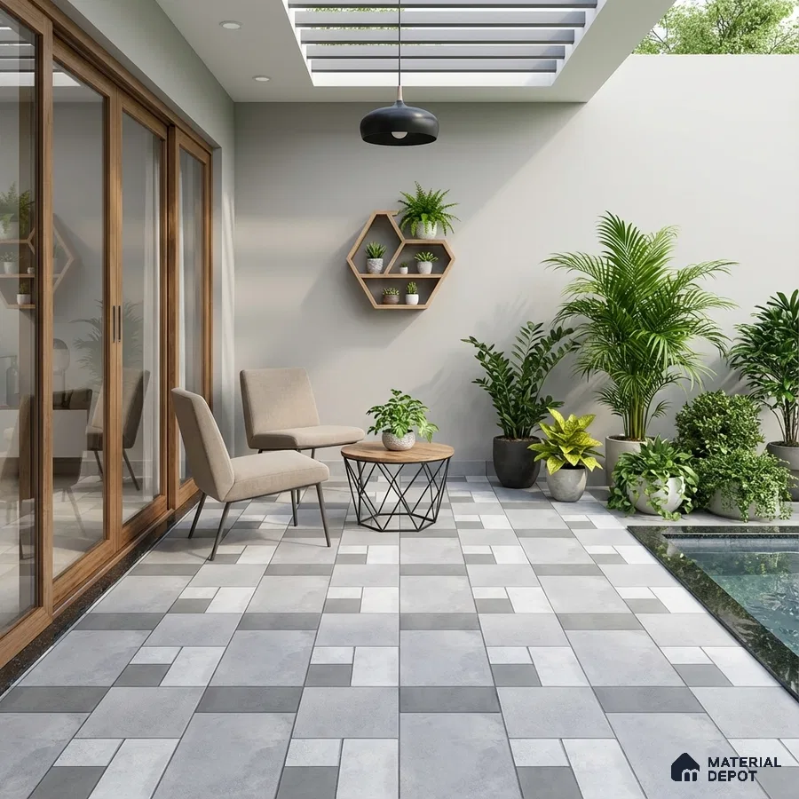 Modern outdoor patio with geometric grey and white floor tiles and wooden accents
