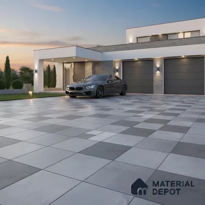 Modern parking with grey and white checkerboard outdoor floor tiles and stone cladding accents
