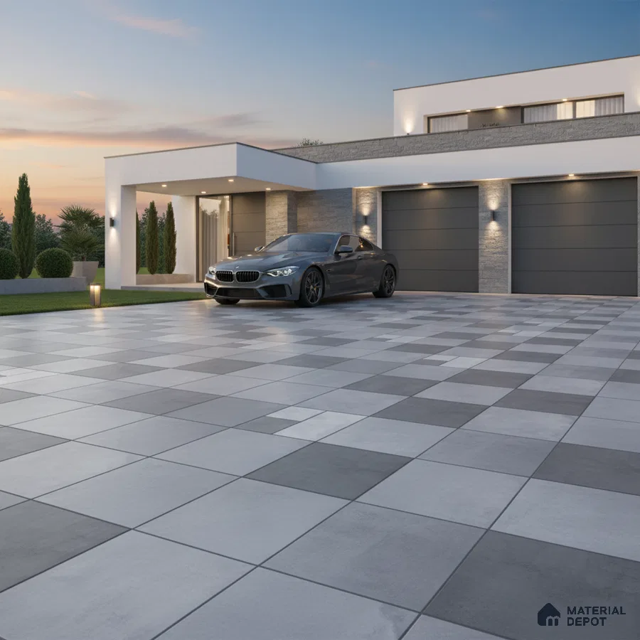 Modern parking with grey and white checkerboard outdoor floor tiles and stone cladding accents