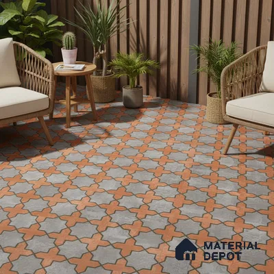 Mediterranean outdoor space with terracotta and grey moroccan patterned floor tiles and wooden louver panels