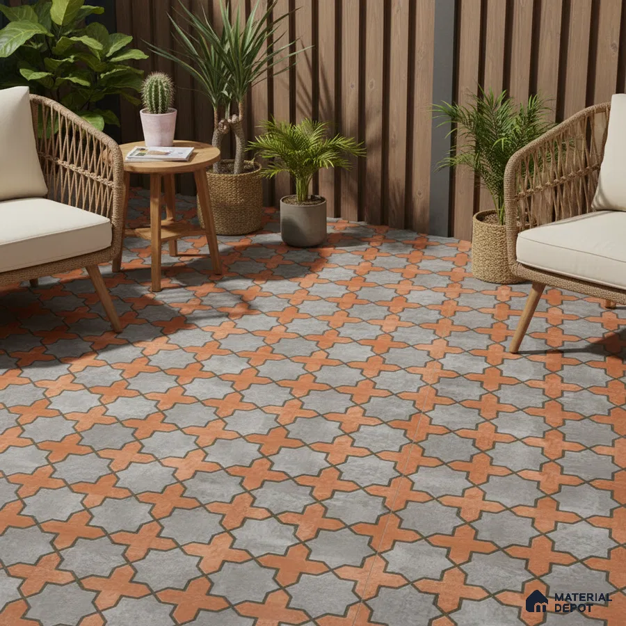 Mediterranean outdoor space with terracotta and grey moroccan patterned floor tiles and wooden louver panels