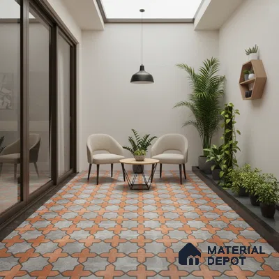 Modern balcony with terracotta and grey moroccan patterned floor tiles and minimalist decor