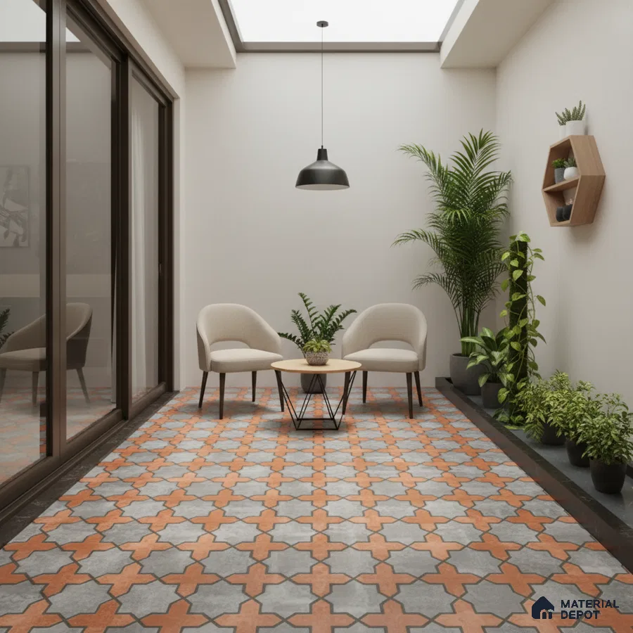 Modern balcony with terracotta and grey moroccan patterned floor tiles and minimalist decor