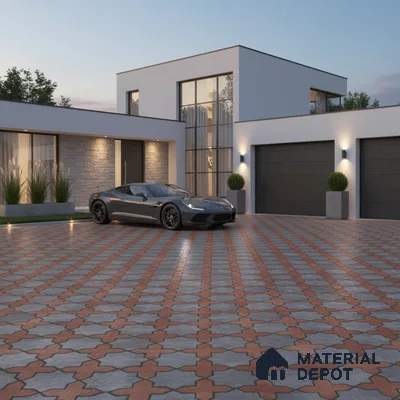 Modern parking with interlocking terracotta and grey geometric floor tiles and stone cladding accent wall