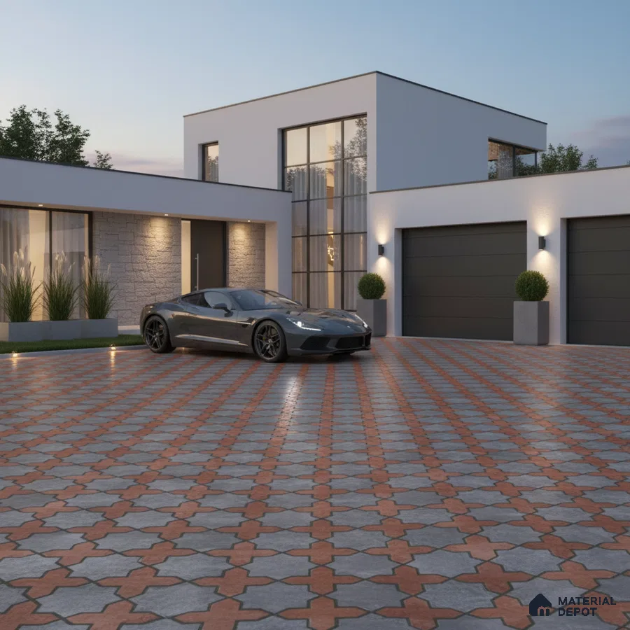 Modern parking with interlocking terracotta and grey geometric floor tiles and stone cladding accent wall