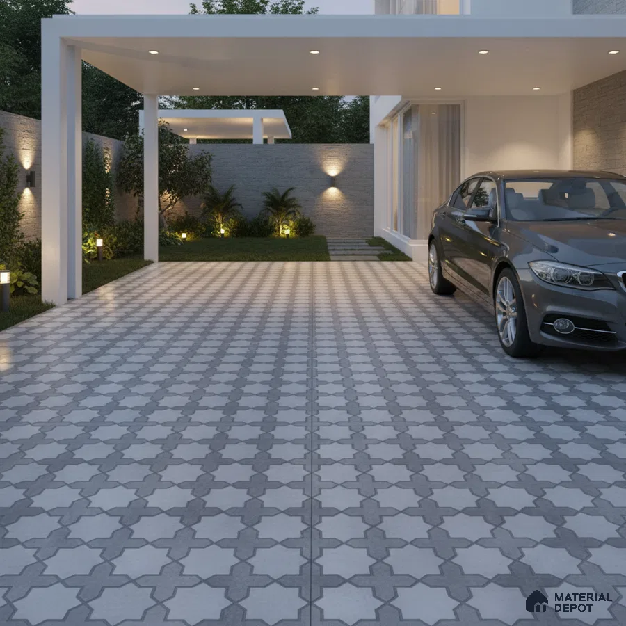 Modern parking with geometric patterned grey and white outdoor floor tiles