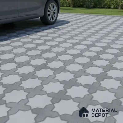 Modern parking area with grey and white geometric patterned outdoor floor tiles