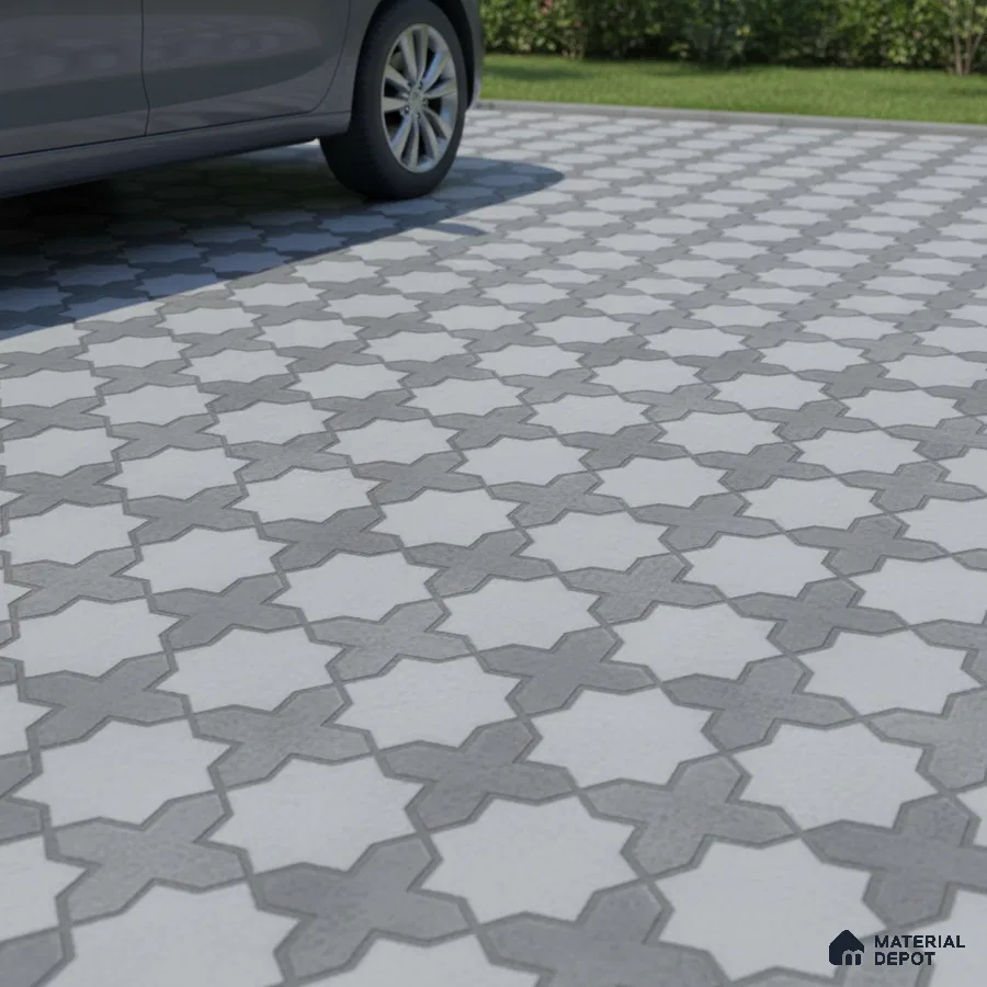 Modern parking area with grey and white geometric patterned outdoor floor tiles