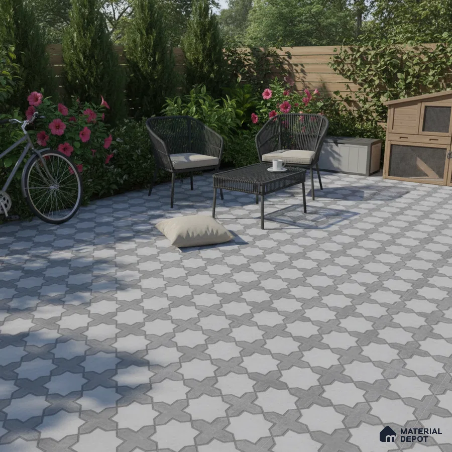 Modern outdoor patio with grey and white geometric patterned floor tiles