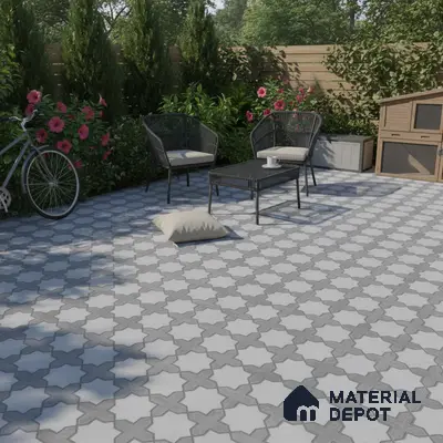 Modern outdoor patio with grey and white geometric patterned floor tiles