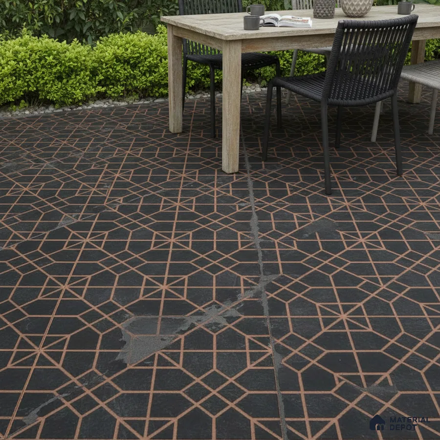 Modern outdoor space with geometric patterned black floor tiles and natural wood dining table
