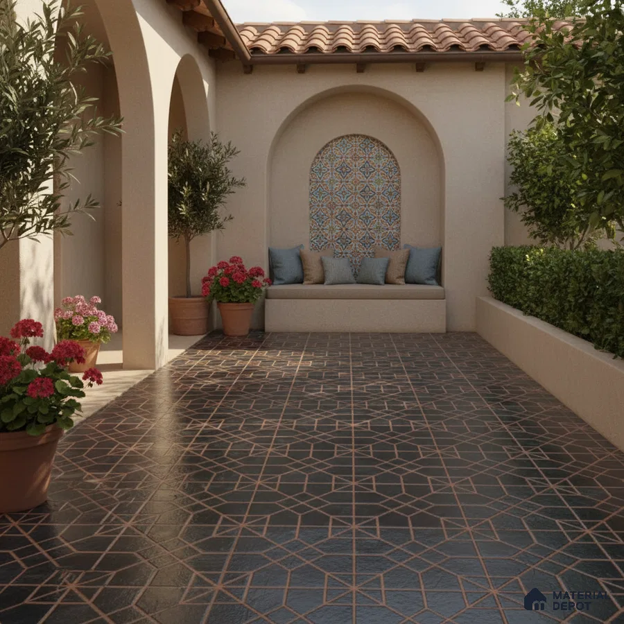 Mediterranean outdoor patio with geometric black floor tiles and patterned mosaic wall tile